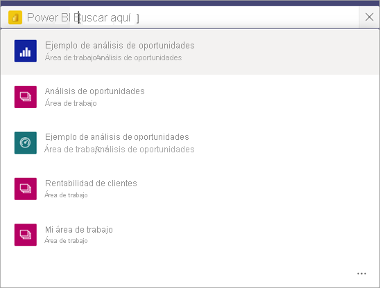 Captura de pantalla de la barra de búsqueda de Teams que muestra una lista de informes y Mi área de trabajo en la aplicación Power BI.