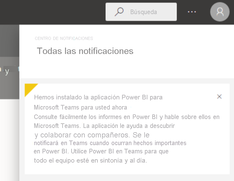 Captura de pantalla del cuadro de diálogo del Centro de notificaciones con el mensaje que indica que hemos instalado la aplicación Power BI para Microsoft Teams.