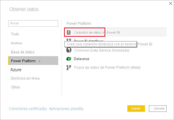 Captura de pantalla de la obtención de datos a partir de modelos semánticos de Power BI.