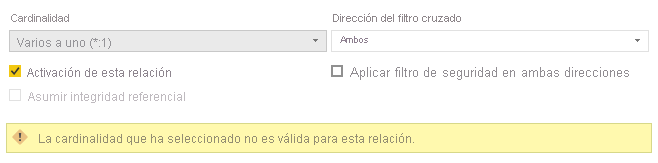 Screenshot of the relationship dialog showing a 'the cardinality you selected isn't valid for this relationship' error, which is related to duplicate values being detected.