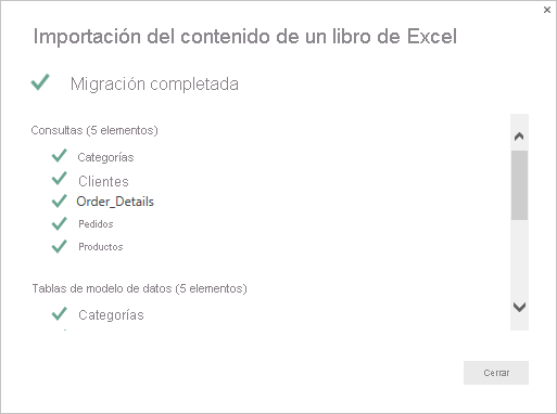 Captura de pantalla que muestra la página de resumen de Importar contenido del libro de Excel.