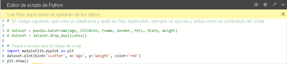 Captura de pantalla que muestra el editor de scripts de Python con comandos.