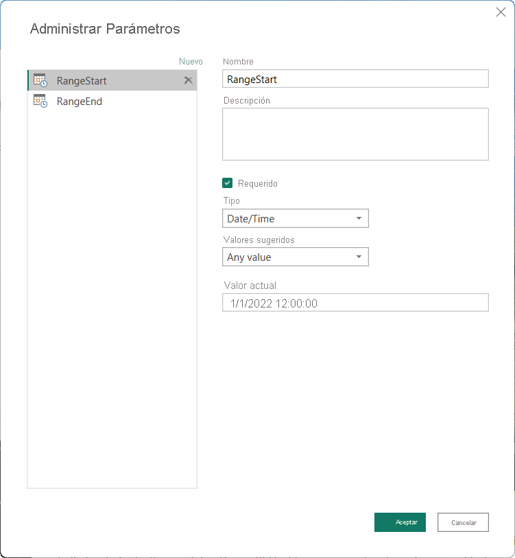 Captura de pantalla del cuadro de diálogo Administrar parámetros que muestra los parámetros RangeStart y RangeEnd