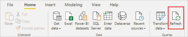 Captura de pantalla de la cinta Inicio de Power BI Desktop, donde se muestra la selección de Actualizar.