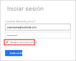Captura de pantalla del cuadro de diálogo Iniciar sesión, con la casilla Mantener la sesión iniciada activada.