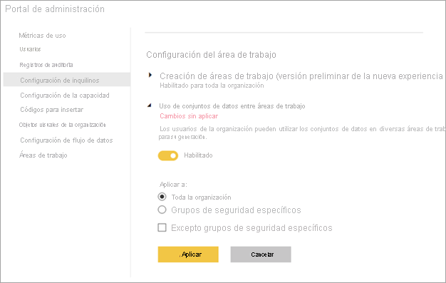 Configuración del área de trabajo del administrador de Power BI