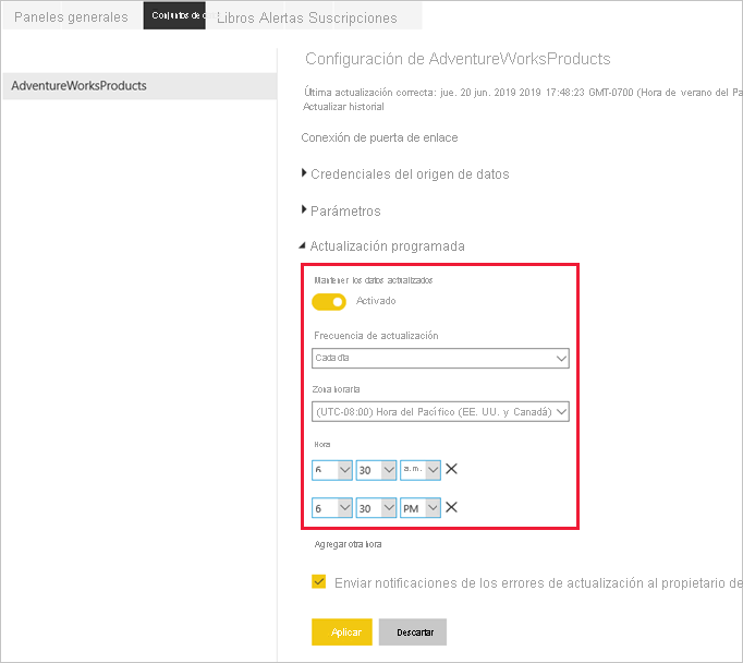 Captura de pantalla que muestra la configuración de la actualización programada.