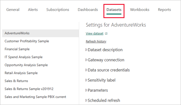 Screenshot shows the Settings window with Semantic models tab selected.