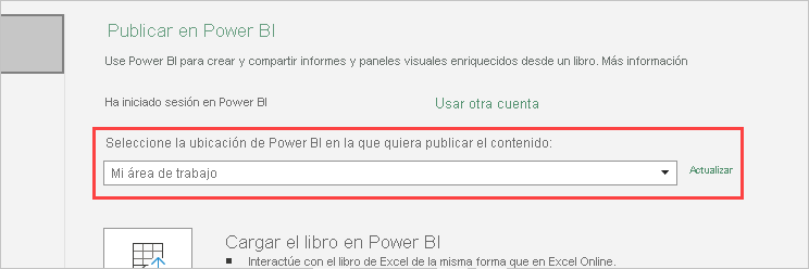 En la captura de pantalla se muestra la opción Publicar en Power BI con Mi área de trabajo seleccionada.