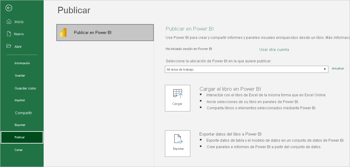 Captura de pantalla que muestra Publicar un libro en Power BI en Excel.