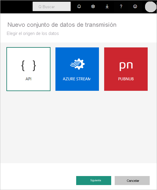 Captura de pantalla de las opciones del nuevo modelo semántico de streaming, en la que se muestran las opciones API, Azure Stream y PubNub.