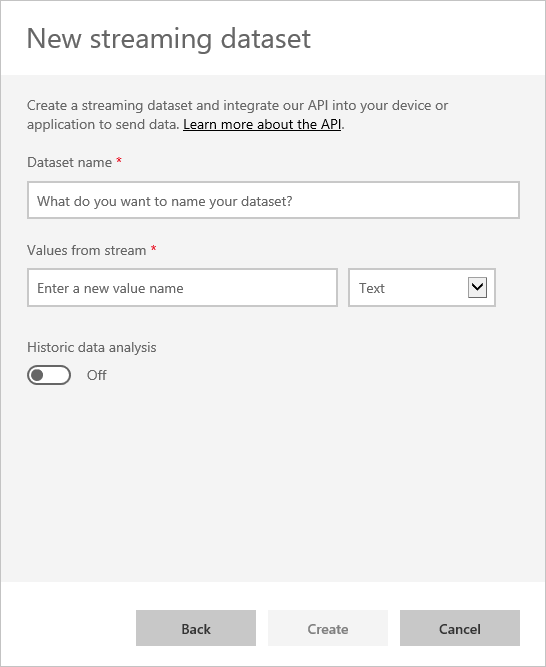 Captura de pantalla del cuadro de diálogo Nuevo modelo semántico de streaming, en la que se muestran las entradas de la API REST de Power BI para una conexión.