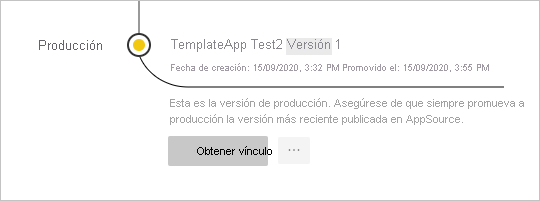 Captura de pantalla del panel Administración de versiones con la aplicación en producción.