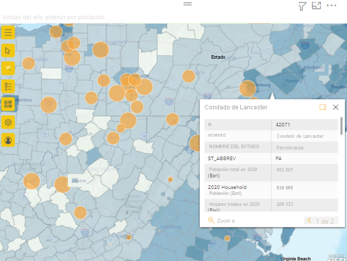 Screenshot of map zoomed in to Lancaster County and displaying tooltip.