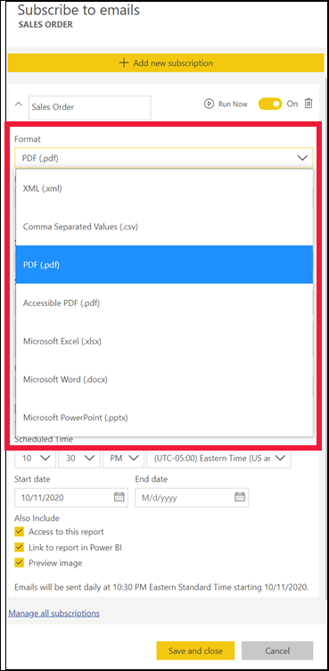 Captura de pantalla que muestra los formatos de exportación para suscripciones.