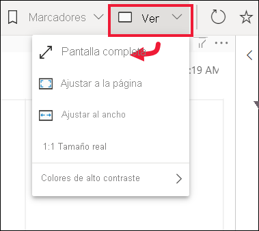 Captura de pantalla que muestra el menú desplegable de Vista.