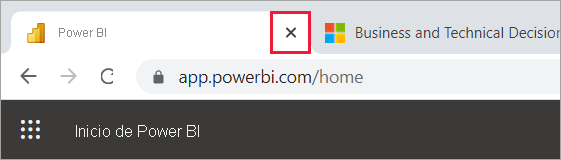 Captura de pantalla que muestra la x en la pestaña del explorador para cerrar Power BI.