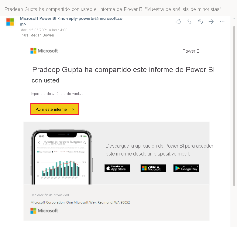 Captura de pantalla que muestra un correo electrónico que contiene un vínculo a un informe.