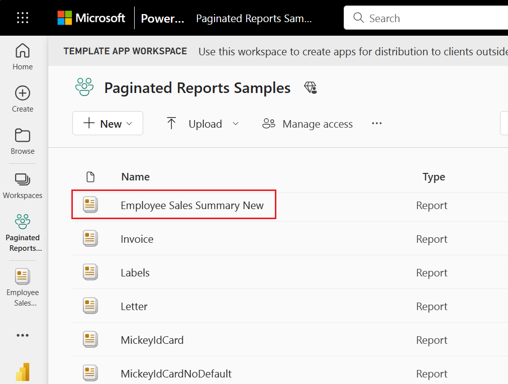 Screenshot of the workspace in the Power BI service and a paginated report highlighted.