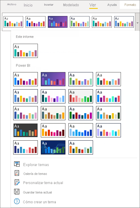 Captura de pantalla que muestra los temas integrados de Power BI.