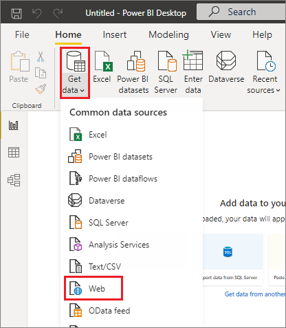 Captura de pantalla de Power BI Desktop, resaltando la selección Web en el menú desplegable Obtener datos.