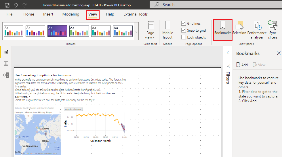 Captura de pantalla que muestra cómo activar el panel Marcadores en Power BI Desktop.