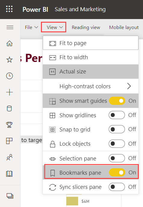 Captura de pantalla que muestra cómo activar el panel Marcadores en el servicio Power BI.