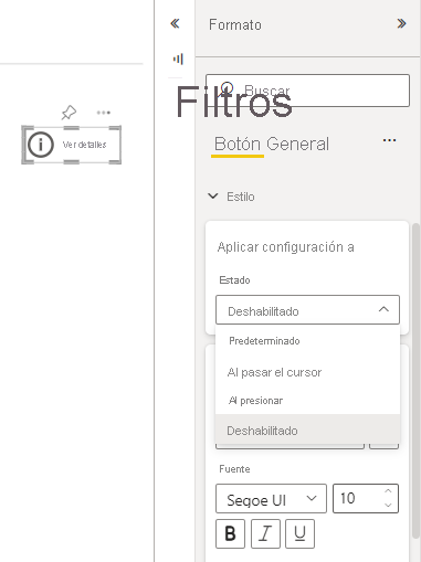 Captura de pantalla que muestra el formato de botón deshabilitado personalizado.