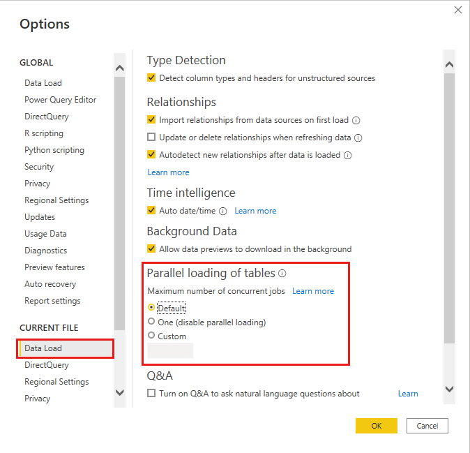 Captura de pantalla en la que se muestra el cambio del número máximo de trabajos simultáneos en la configuración de carga de datos en paralelo en Power BI Desktop.