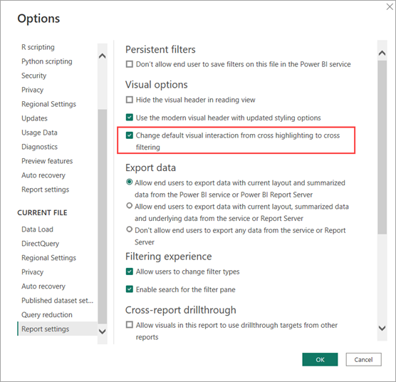 Cross filtering report settings