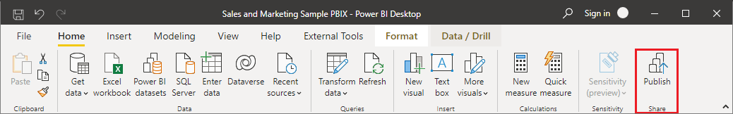 Captura de pantalla de la cinta Inicio de Power BI con la opción Publicar resaltada.