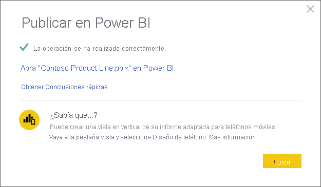 Captura de pantalla del cuadro de diálogo de publicación correcta en Power BI.