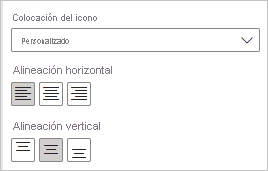 Captura de pantalla en la que se muestran las opciones Alineación horizontal y Alineación vertical para un icono.