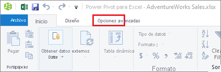 Pestaña Opciones avanzadas de PowerPivot