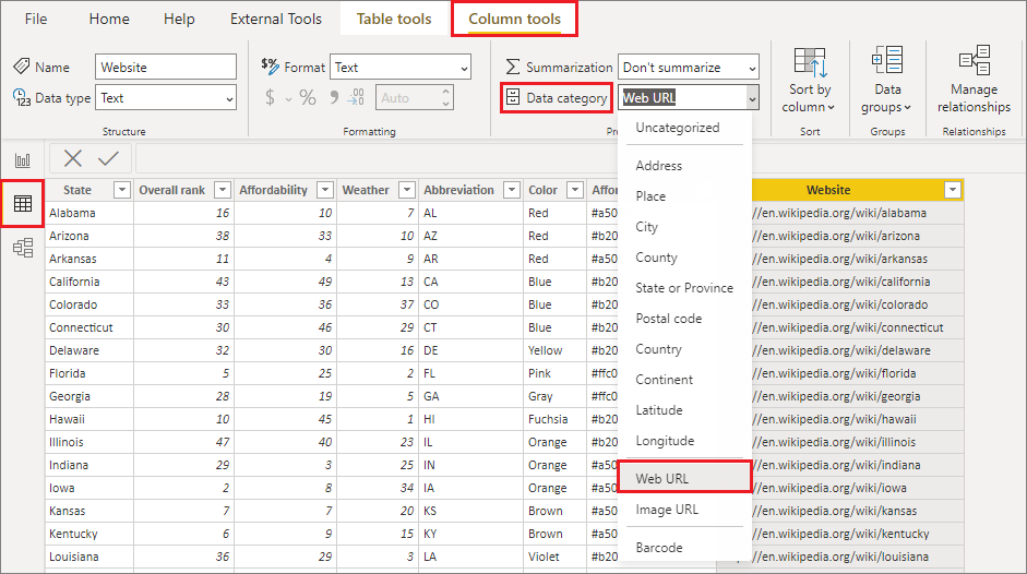 Lista desplegable de categorías de datos