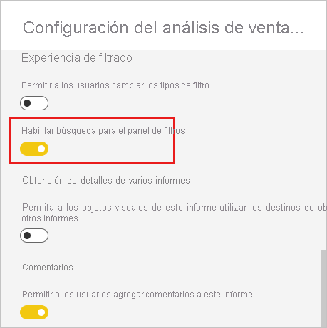 Captura de pantalla en la que se muestra la opción para habilitar la búsqueda del panel Filtros.