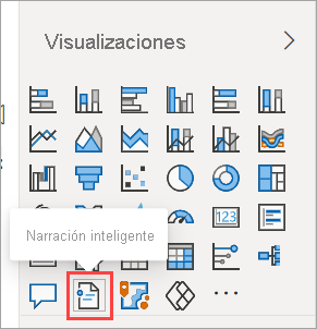 Captura de pantalla del panel Visualizaciones, en la que se resalta el icono de Narración inteligente