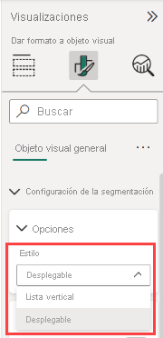 Captura de pantalla del panel Formato, segmentación mediante Menú desplegable o Lista vertical