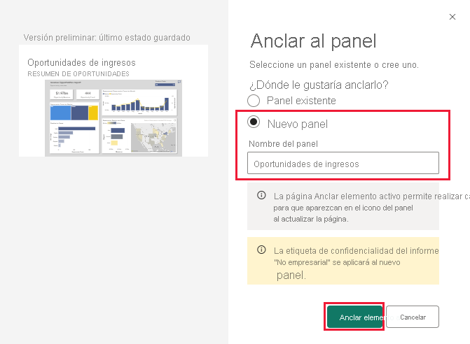 Screenshot shows the Pin to dashboard dialog box for adding to a new dashboard.