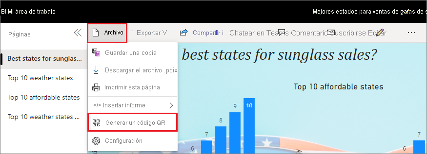 Captura de pantalla de un informe, resaltado Archivo y Generar un código QR.