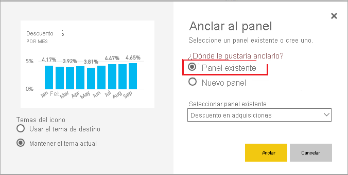 Captura de pantalla de la ventana Anclar al panel con la opción Panel existente resaltada.