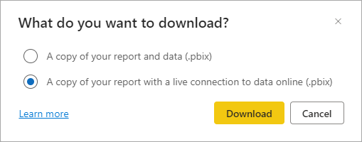 Captura de pantalla del cuadro de diálogo que proporciona las opciones para descargar el informe con los datos o el informe con una conexión dinámica a los datos.