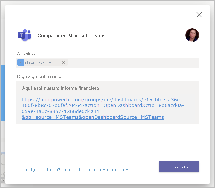 Captura de pantalla del cuadro de diálogo Compartir en Teams.