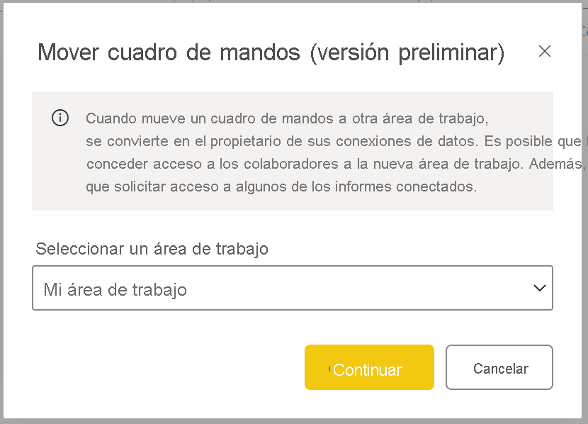 Captura de pantalla de la confirmación para mover un cuadro de mandos a otra área de trabajo y del menú desplegable para seleccionar el área de trabajo correcta.