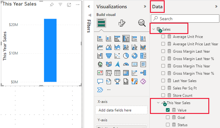 Captura de pantalla del editor de informes, en la que se resaltan los paneles Datos, Ventas, Ventas de este año y Valor.