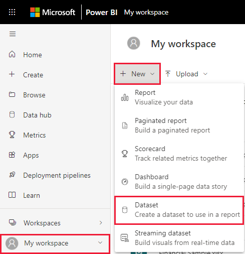 Captura de pantalla del servicio Power BI, resaltando nuevo y modelo semántico.