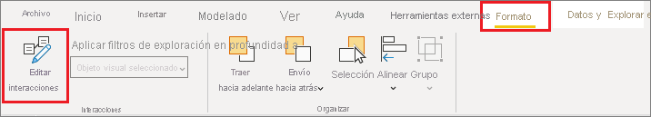Captura de pantalla del menú Formato de Power BI Desktop, donde Editar interacciones aparece resaltado.