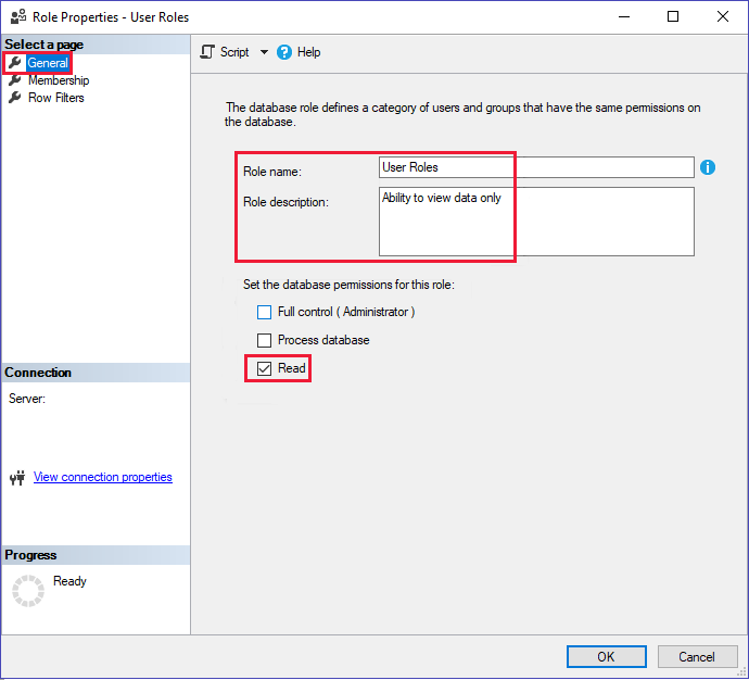 Una captura de pantalla que muestra cómo dar un nuevo nombre a un nuevo rol y configurarlo para que solo sea de lectura, en la configuración general del servidor de Analysis Services.