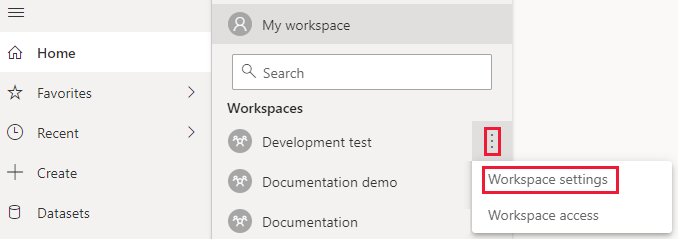 Captura de pantalla del servicio Power BI, con el menú Más de un área de trabajo expandida. En ese menú, se resaltan los puntos suspensivos y la configuración del área de trabajo.