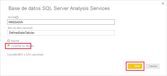 Captura de pantalla de detalles de Analysis Services